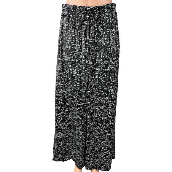 Zara Black Polka Dot Wide Baggy Palazzo Leg Drawstring Boho Trousers Pants L - Picture 1 of 6
